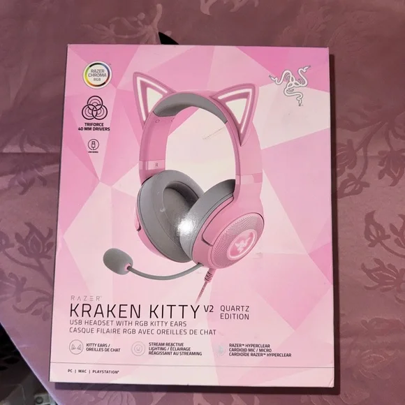 Razer Pink and Gray Over-Ear Headphones with Cat Ear Design - Picture 3 of 4